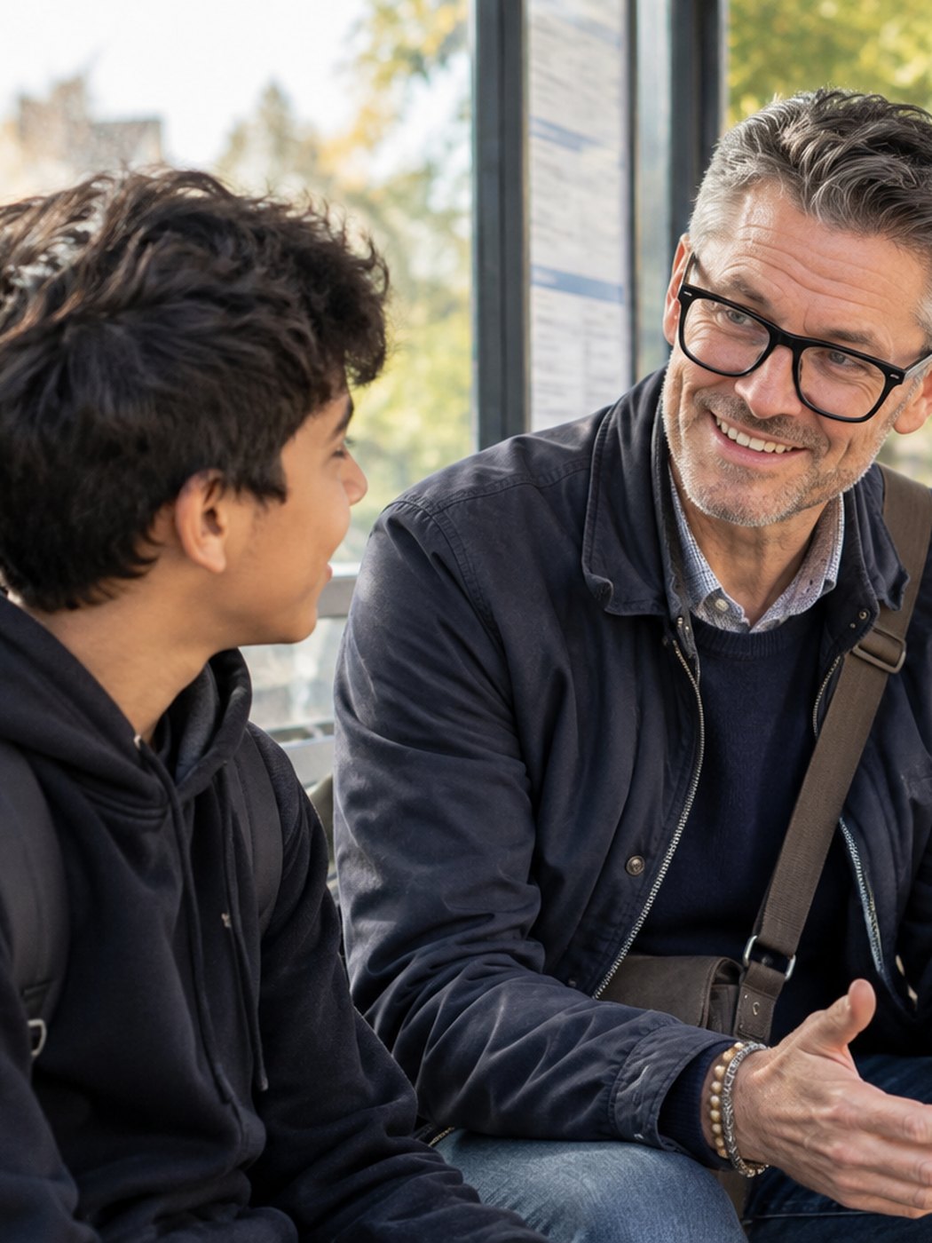 Two people sitting and talking at a bus stop, a bus approaching